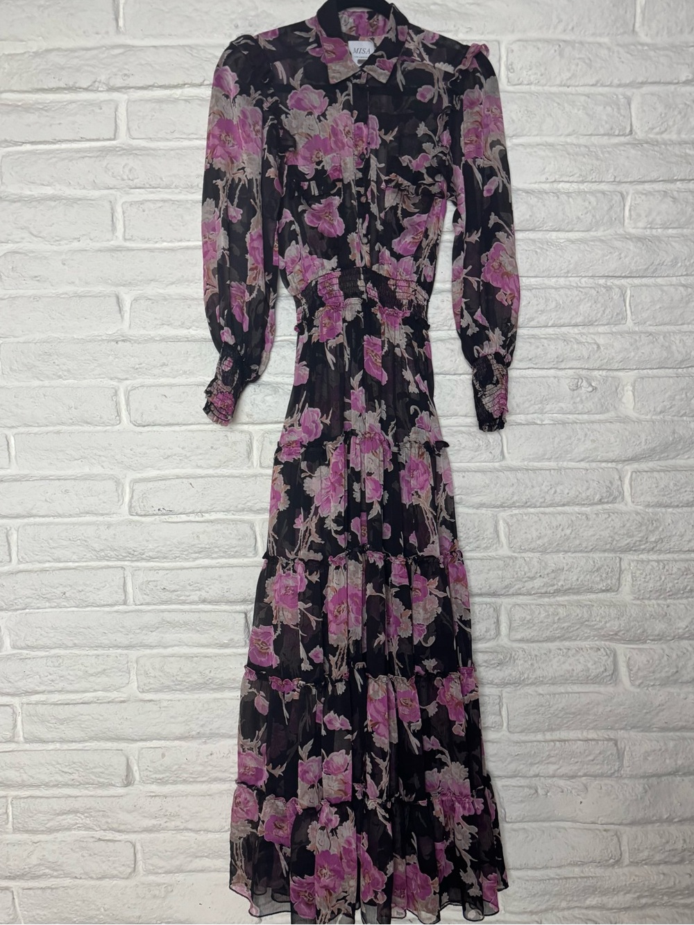 Misa Los Angeles Black Maxi Dress with Pink Floral Print
